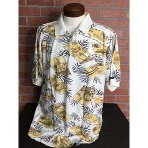 Izod Mens Polo Shirt 1X Tropical Leaf Palm Tree Postcard Print Short Sleeve Coll